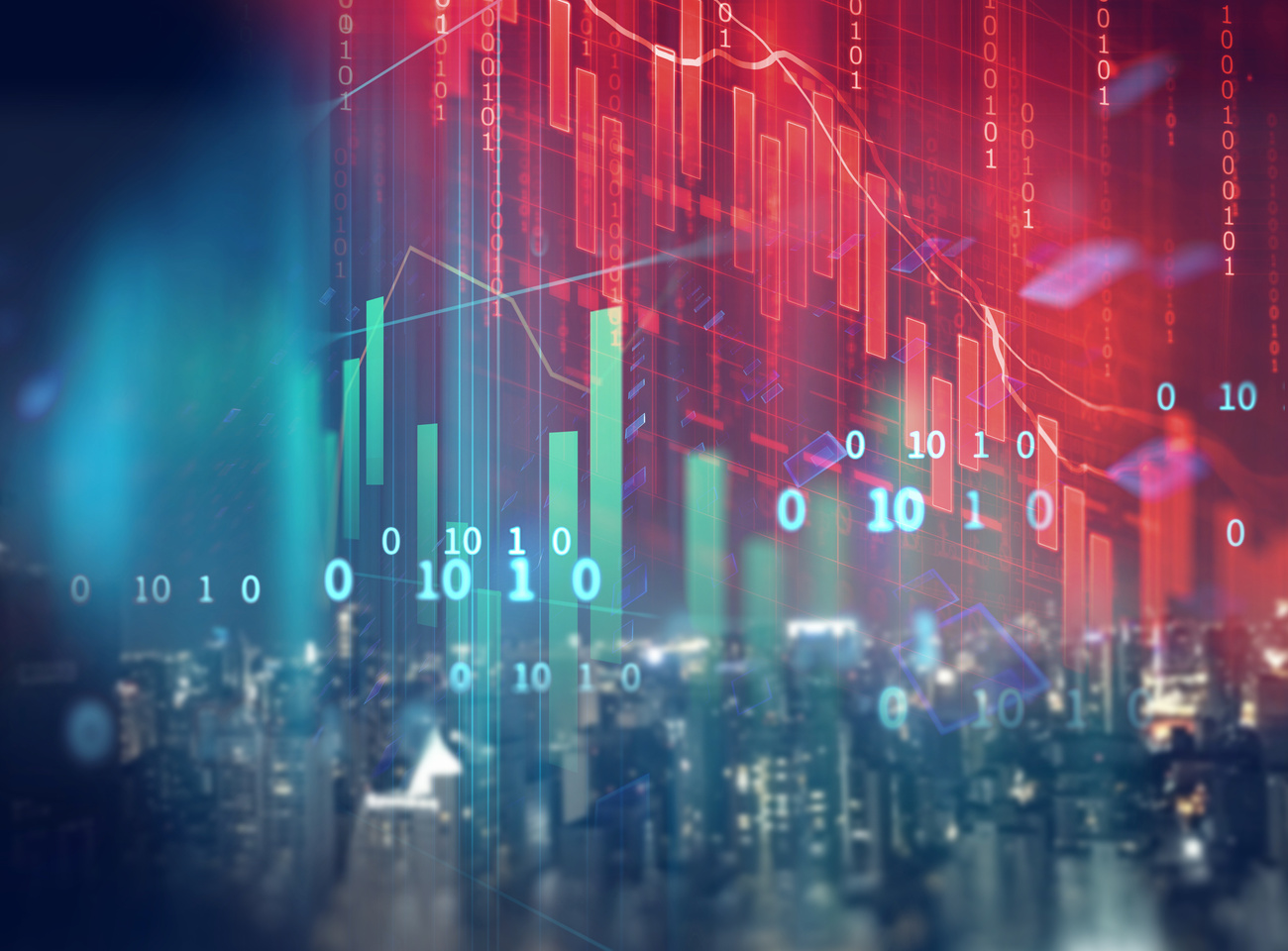 double exposure image of stock market investment graph and city skyline scene.